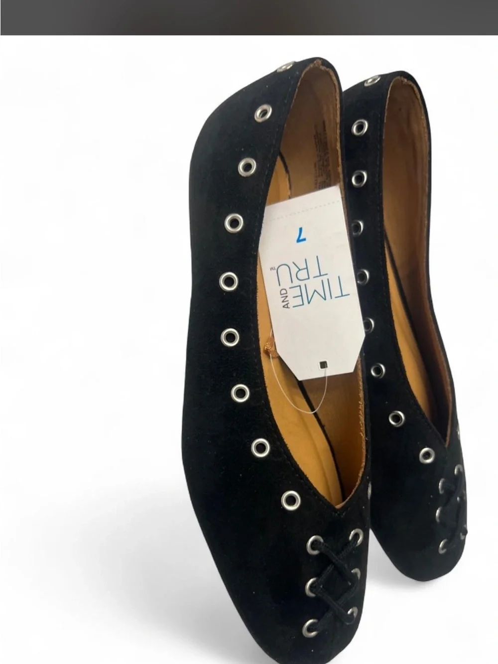 Time and Tru Black Eyelet Lace-Up Ballet Flats with Grommet Detail